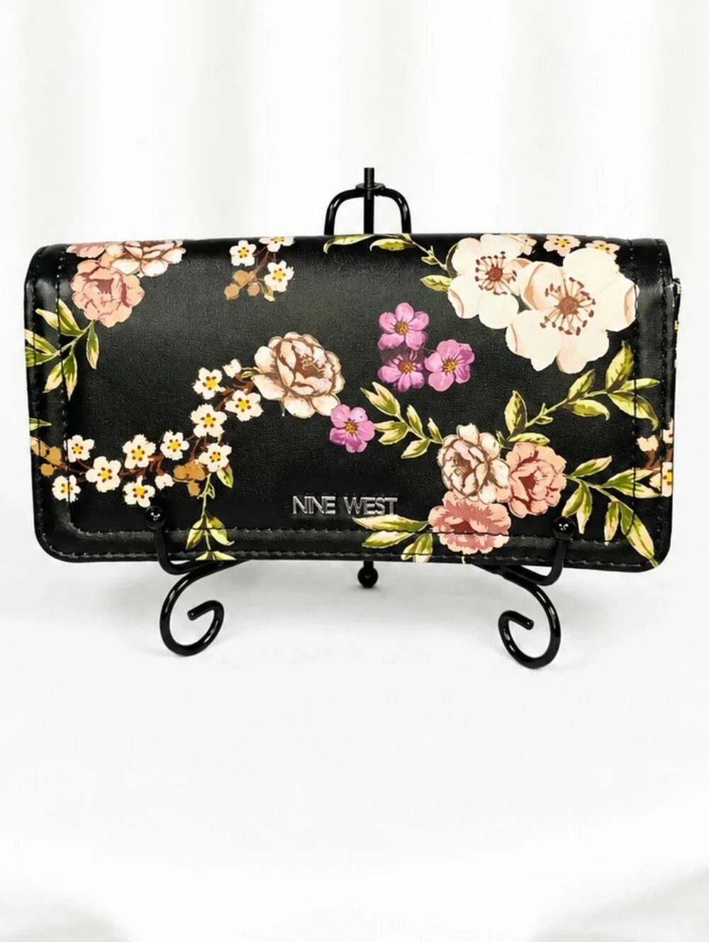 👜 Nine West Black Floral Bifold Wallet Organizer Clutch Card Holder Womens
